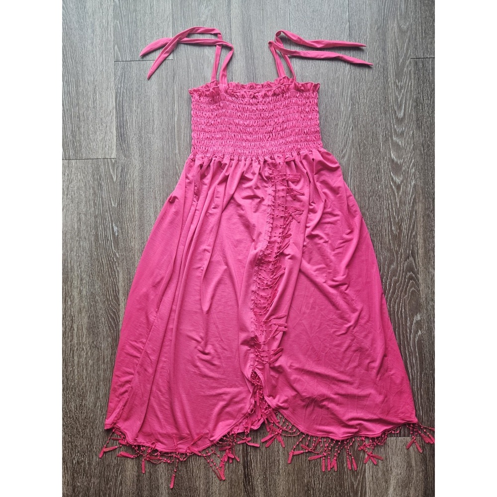 Fuschia Hot Pink Smocked Sundress with Fringe Adjustable Tie Straps Stretch